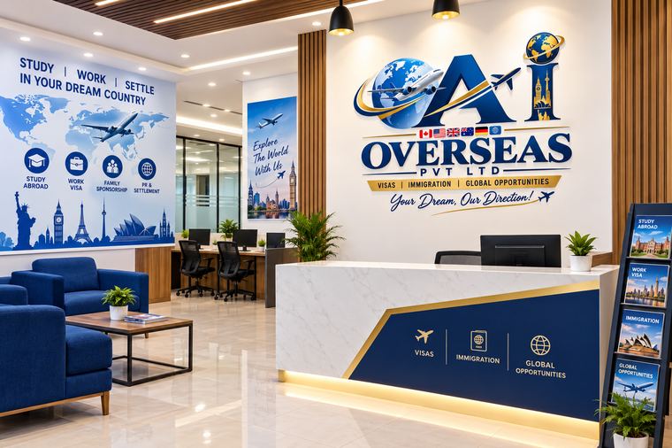 AI Overseas reception with branded wall and seating